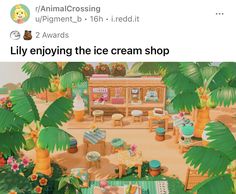 an animated image of a ice cream shop surrounded by palm trees and other tropical plants