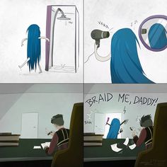 two comics depicting a woman blow drying her hair in the bathroom, and an image of a man brushing his long blue hair