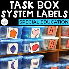 several plastic bins filled with different types of labels on them and the words, task box system labels special education