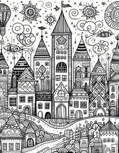 a black and white drawing of a city with lots of buildings in the middle of it