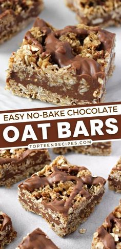 easy no - bake chocolate oat bars on a plate with text overlay