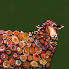 a painting of a sheep made out of different colored circles on a green background,