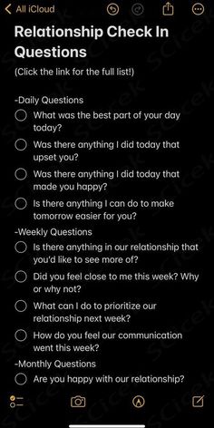 Questions For Bf And Gf, Relationship Questions Boyfriends, Relationship Check Up Questions, Couples Weekly Check In Questions, Daily Relationship Check In Questions, Couple Daily Check In, Things To Ask In A New Relationship, Couples Weekly Check In, Daily Check In Questions For Couples