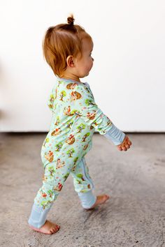 Pre-order: Shipping starts the week of August 7th Product Details: PRINT: Tree House Tea Party Two-way zippers that make diaper and clothing changing a breeze ANTI-SKID foot pads for those slippery wood/tile floors EXTRA-ROOM at crotch for diapers MATERIALS: 95% Bamboo from Viscose, 5% Lycra No flame-resistant chemicals used It all starts with: the SOFTEST bamboo viscose material HIGHEST-GRADE yarns to ensure longevity SLOWED-DOWN sewing to ensure craftsmanship ONE-OF-A-KIND prints designed in h Fitted Cotton Footie For Playtime, Playful Fitted Footie For Bedtime, Playful Fitted Onesie For Bedtime, Fitted Footie For Loungewear Spring, Spring Loungewear Footie, Spring Loungewear Fitted Footie, Fitted Green Playful Onesie, Green Fitted Playful Onesie, Playful Green Fitted Onesie