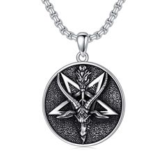 PRICES MAY VARY. 🤍DESIGN🤍 The satan sigil of goth pendant necklace, Baphomet is the incarnation of the demon Satan in witchcraft legends and often turns into the shape of a goat head, perfect suitable for the pursuit of occult enthusiast or artistic jewellery. This Baphomet satan necklace would be a great gift that makes unique and personal gift ideas. 🤍MATERIAL🤍 Baphomet medal is made of 100% 925 sterling silver, which is nickel-free, lead-free and cadmium-free, 2 mm 22+2 in long rolo chain Gothic Round Engraved Necklaces, Personal Gift Ideas, Goth Pendant, Silver Knight, Goat Head, Egyptian Necklace, Gifts For Aunt, Gift Box Packaging, Branded Gifts