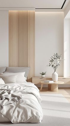 a white bed sitting in a bedroom next to a wooden headboard on a wall