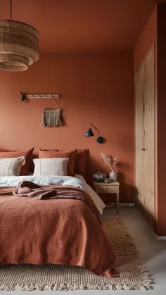 a bedroom with an orange wall and bed in the center, two lamps hanging from the ceiling