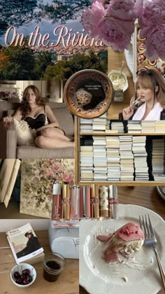 a collage of photos with pink flowers, books, and other things on the table