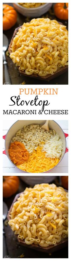 pumpkin stovetop macaroni and cheese in a pan with the title above it