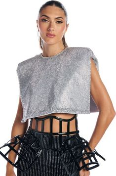 DISCO BABE SLEEVELESS RHINESTONE CROP TOP IN WHITE Glamorous Metallic Sleeveless Top, Glamorous Sleeveless Metallic Top, Shiny Sleeveless Stretch Tops, Glamorous Stretch Tank Top, Fitted Sleeveless Shiny Top, Glamorous Shiny Sleeveless Tops, Fitted Summer Tops With Shine, Embellished Sleeveless Crop Top For Night Out, Sleeveless Rhinestone Tops For Party Season