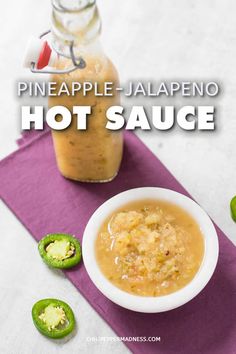 pineapple jalapeno hot sauce in a white bowl on a purple placemat