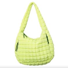 Indulge in luxury with our Lime Yellow Oversized Hobo Tote. The lime yellow hue exudes confidence and the quilted design adds a touch of elegance. Perfect for everyday use, this oversized bag effortlessly adds a pop of color to any outfit. Truly a must-have for any fashion-forward individual. Oversized Quilt, Scout Bags, Hobo Tote Bag, Lime Yellow, Quilted Totes, Queen Quilt, Sock Gifts, Cute Bags, Daily Essentials