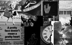 black and white collage with various images including clock, woman holding shopping bags, newspaper advertisement