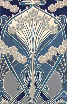 an art nouveau painting with white flowers on blue and gray background, in the shape of a tree