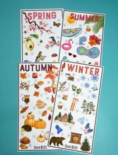 three posters with autumn and winter pictures on them