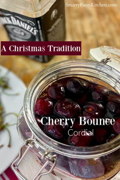 Cherry bounce in a mason jar. Cherry Infused Bourbon, Cherry Bounce Recipe Whiskey, Canning Cherries Recipes, Bourbon Cherries Recipe, Cherry Cordial Recipe, Cherry Bounce Moonshine Recipe, Cherry Bounce Recipe, Southern Christmas Recipes, Boozy Cherries