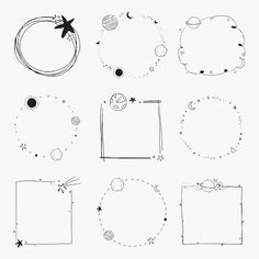 the outer planets and stars are drawn in black ink on white paper, with space around them