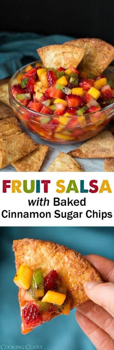 fruit salsa with baked cinnamon sugar chips is an easy and healthy snack for the whole family