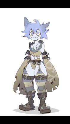 an animated character with blue hair and glasses standing in front of a gray background, wearing boots