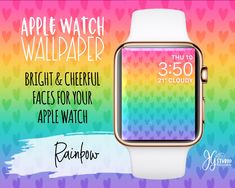 an apple watch with the text, bright & cheerful faces for your apple watch rainbow