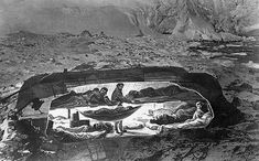 an old black and white photo of people sleeping in a tent on the side of a mountain