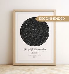 the night sky map is framed in a wooden frame on a shelf next to a white wall