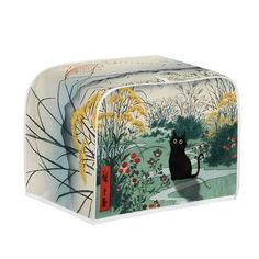 a black cat sitting on top of a white box with flowers and plants around it