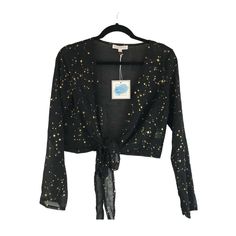 Brand: Cloud Ten New With Tags Size: S Color: Black/Gold Material: 100% Polyester Features: - Cropped Fit - Long Sleeves - Tie Front - Stars Pattern - Sheer Stars Pattern, Tie Front Top, Witchy Woman, Front Tie Top, Fancy Outfits, Star Patterns, Gold Stars, Gold Material, Aesthetic Clothes