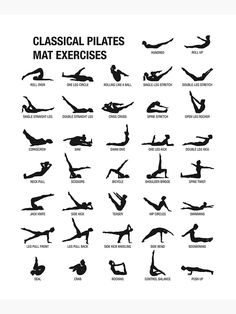 an exercise poster with the words classical pilatess and their names in black on white