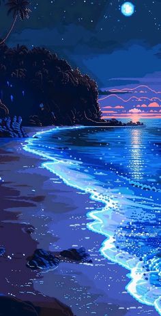 a painting of the ocean at night time