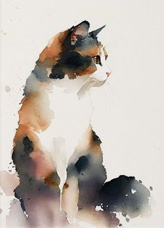 a watercolor painting of a cat sitting in front of a white background with brown spots