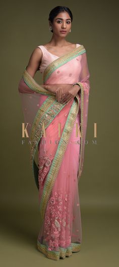 Buy Online from the link below. We ship worldwide (Free Shipping over US$100)  Click Anywhere to Tag  Rose Pink Saree In Net Adorned With Thread And Zardozi Embroidered Floral Pattern Online - Kalki Fashion  Rose pink saree in net adorned with green zari embroidered border.Further enhanced with thread, zardozi and sequins embroidered border buttis. Rose Pink Saree, Embroidered Border, Stylish Sarees, Embroidered Neckline