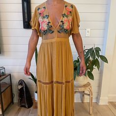 Stunning Cleobella Maxi Dress In Mustard Color With Beautiful Embroidered Flowers. Small Dress, Embroidered Flowers, Maxi Dress, Yellow, Womens Dresses, Dresses, Women Shopping, Color