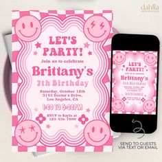 a pink birthday party card with smiley faces and stars on the front, next to an iphone