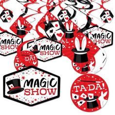 the magic show stickers are red and white with black lettering on them, including magician's hats