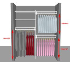 an open closet with clothes and umbrellas hanging on the rack, labeled in red