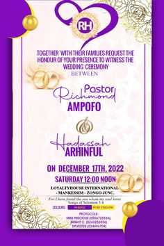 a poster for a wedding ceremony with two gold rings on the front and purple background