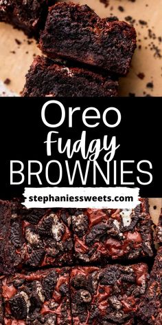 oreo fudge brownies stacked on top of each other with the title overlay