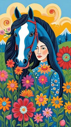 a painting of a woman with a horse in a field of flowers and daisies