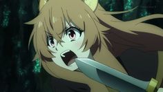 an anime character holding a knife in front of her face