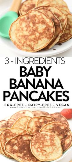 pancakes on a plate with text overlay that reads 3 ingredients baby banana pancakes