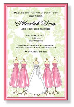 a pink and green wedding card with three dresses on mannequins in front