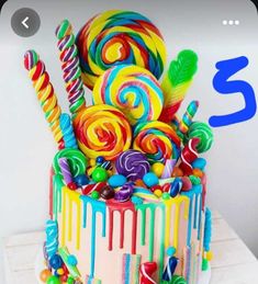 a birthday cake decorated with colorful candies and lollipops is shown on the phone screen