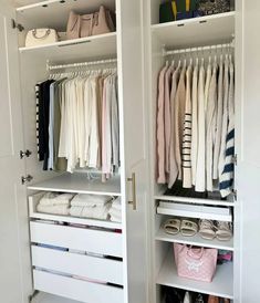 an organized closet with clothes and shoes