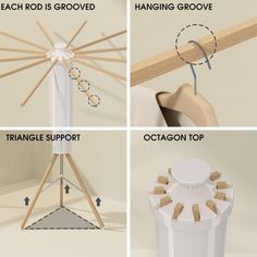 four different views of an umbrella stand with instructions on how to hang it and where to put the top