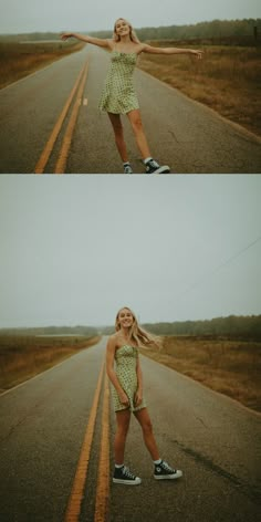 two pictures of a woman standing in the middle of an empty road with her arms outstretched