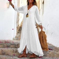 Boho Style Elegant V Neck Single Breasted Casual Puff Sleeve Solid Color Maxi Dress Blazer Suit Women, White Maxi Dress, White Maxi, Style Maxi Dress, Romper With Skirt, Bohemian Dress, Maxi Dress With Sleeves, White Maxi Dresses, Plain White