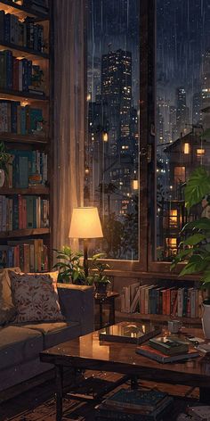 a living room filled with furniture and a window covered in rain