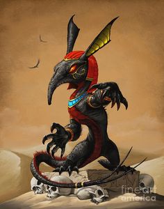 a black dragon standing on top of a pile of skulls