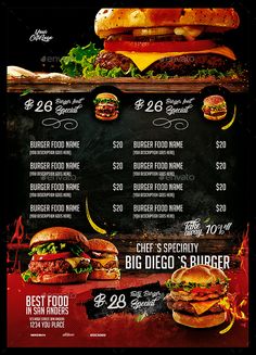 a restaurant menu with burgers and other food items on the side, including an image of